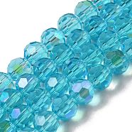 Electroplate Transparent Glass Beads Strands, Faceted, Round, Rainbow Plated, Deep Sky Blue, 8mm, Hole: 1mm, about 66~69pcs/strand, 19.29~19.57 inch(49~49.7cm)(EGLA-A035-T8mm-L08)