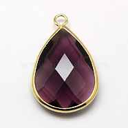 Golden Tone Brass Glass Teardrop Pendants, Faceted, Purple, 18x10x5mm, Hole: 2mm(X-GLAA-M006-A-06G)