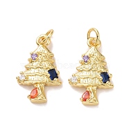Tree Brass Micro Pave Colorful Cubic Zirconia Pendants, with Jump Rings, Cadmium Free & Lead Free, Real 18K Gold Plated, 20x12x3mm, Hole: 3.4mm(KK-G406-32G)