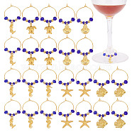 24Pcs 6 Styles Alloy Wine Glass Charms, with Brass Ring and Glass Beads, Golden, 45~50mm, 4pcs/style(AJEW-GO00014)