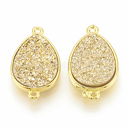 Druzy Resin Links connectors, with Golden Tone Brass Findings, teardrop, Champagne Yellow, 22~23x13.5x4~5mm, Hole: 1mm(RESI-T019-06J)