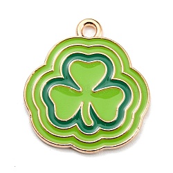 Saint Patrick's Day Alloy Enamel Pendants, Light Gold, Clover Charm, Green Yellow, 22x20x1mm, Hole: 2mm(ENAM-G222-01F-04)