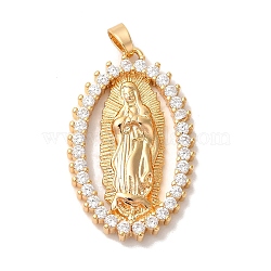 Brass Micro Pave Cubic Zirconia Pendants, Nickle Free, Round with Virgin Mary, Real 18K Gold Plated, Clear, 31x19x3mm, Hole: 5x3mm(KK-M294-06G-03)