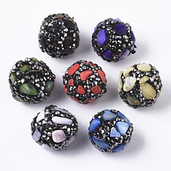 Polymer Clay Rhinestone Beads, with Synthetic Gemstone  & Shell Chip, Round, Mixed Color, PP13(1.9~2mm), 16.5~17.5mm, Hole: 1.5mm(RB-T017-13)