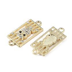 Alloy Rhinestone Connector Charms, Rectangle with Owl, Light Gold, Crystal, 26x11x2~2.5mm, Hole: 1.8mm(FIND-TAC0014-52B)
