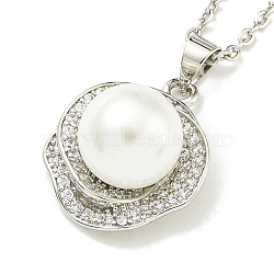 304 Stainless Steel Cable Chain Necklaces, Brass Clear Cubic Zirconia Round Pendant Necklaces, with Imitation Pearl, Stainless Steel Color, 17.72 inch(45cm)(NJEW-H040-02P)