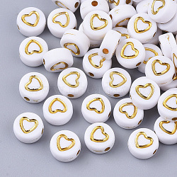 Plating Acrylic Beads, Metal Enlaced, Flat Round with Heart, Golden Plated, 7x4mm, Hole: 1.5mm(X-PACR-Q112-08)