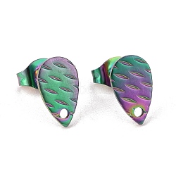 Ion Plating(IP) 304 Stainless Steel Stud Earring Findings, with Hole, Textured Teardrop, Rainbow Color, 10x6mm, Hole: 1mm, Pin: 0.8mm(STAS-O119-30MC)