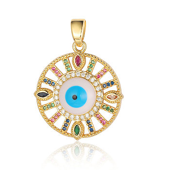 Brass Micro Pave Cubic Zirconia Pendants, Evil Eye Charms, Real 18K Gold Plated, 26x24x4.7mm