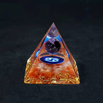 Resin Orgonite Pyramid Home Display Decorations, with Natural Amethyst/Natural Gemstone Chips, Constellation, Cancer, 50x50x50mm