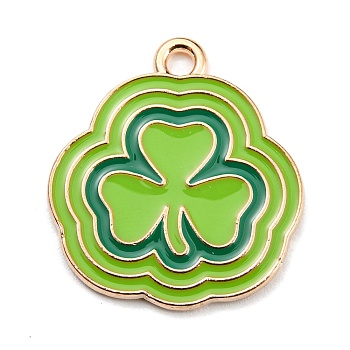 Saint Patrick's Day Alloy Enamel Pendants, Light Gold, Clover Charm, Green Yellow, 22x20x1mm, Hole: 2mm