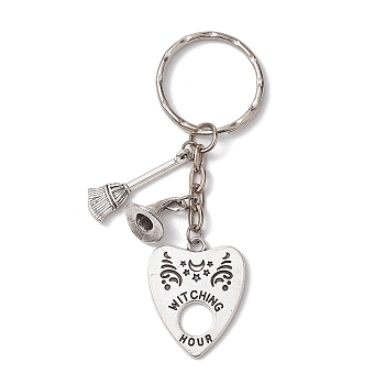 Halloween Alloy Keychains, with Iron Split Key Rings, Heart, Antique Silver & Platinum, 7.7cm