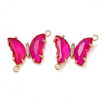 Brass Pave Faceted Glass Connector Charms, Golden Tone Butterfly Links, Fuchsia, 20x22x5mm, Hole: 1.2mm