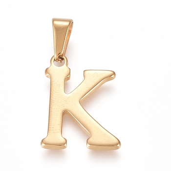 304 Stainless Steel Pendants, Golden, Initial Letter.K, 20x15x1.8mm, Hole: 3x7mm