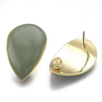 Alloy Stud Earring Findings, with Loop, Enamel and Steel Pins, Teardrop, Light Gold, Dark Sea Green, 27x17mm, Hole: 3mm, Pin: 0.7mm