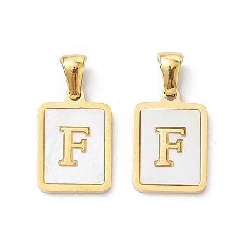 Ion Plating(IP) 304 Stainless Steel Pave Shell Pendants, Rectangle Charm, Real 18K Gold Plated, Letter F, 17.5x12x1.5mm, Hole: 3x5mm