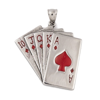 304 Stainless Steel Pendants, with Enamel, Playing Card Charm, Stainless Steel Color, Red, 42x41.5x4mm, Hole: 9x5mm