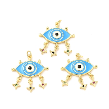 Rack Plating Brass Micro Pave Colorful Cubic Zirconia Pendants, with Jump Rings and Enamel, Cadmium Free & Lead Free, Golden, Evil Eye with Star, Deep Sky Blue, 28x26x3mm, Hole: 3.4mm