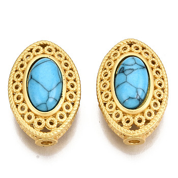 4-Hole Synthetic Turquoise Beads, Dyed, with Brass Findings, Hollow, Oval, Matte Gold Color, Sky Blue, 19x12.5x8mm, Hole: 1.8mm