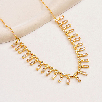 Golden Brass Rectangle Charms Bib Necklace for Women, Clear, 15.75 inch(40cm)