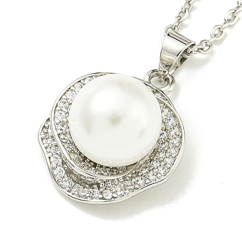 304 Stainless Steel Cable Chain Necklaces, Brass Clear Cubic Zirconia Round Pendant Necklaces, with Imitation Pearl, Stainless Steel Color, 17.72 inch(45cm)