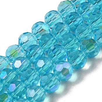 Electroplate Transparent Glass Beads Strands, Faceted, Round, Rainbow Plated, Deep Sky Blue, 8mm, Hole: 1mm, about 66~69pcs/strand, 19.29~19.57 inch(49~49.7cm)