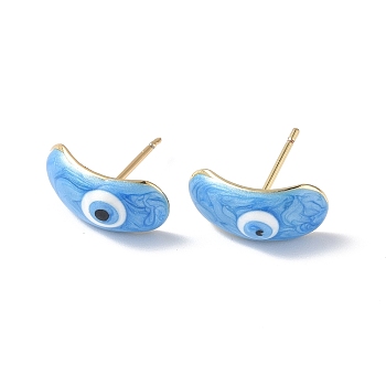 Enamel Curved Oval with Evil Eye Stud Earrings, Real 18K Gold Plated Brass Jewelry for Women, Light Sky Blue, 7.5x15.5mm, Pin: 0.8mm