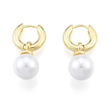 ABS Plastic Pearl Dangle Hoop Earrings, Brass Jewelry for Women, Nickel Free, Real 18K Gold Plated, 29x16x3.5mm, Pin: 1mm