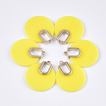 Opaque Acrylic Pendants, with Alloy Findings, Flat Round, Light Gold, Yellow, 38.5x33x4.5mm, Hole: 2mm