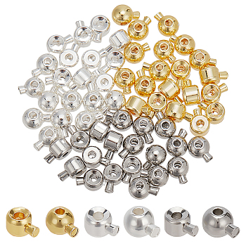 60Pcs 6 Styles Brass Crimp Beads, Long-Lasting Plated, Round, Mixed Color, 4.5~5x3.5x2.5~3.5mm, Hole: 0.9mm, 10pcs/style