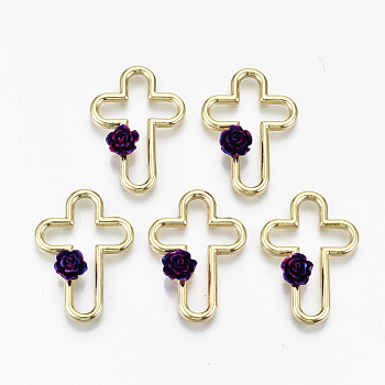Rack Plating Open Back Bezel, For DIY UV Resin, Epoxy Resin, Pressed Flower Jewelry, with Resin, Cadmium Free & Nickel Free & Lead Free, Cross with 3D Purple Flower, Light Gold, 28x19.5x5mm