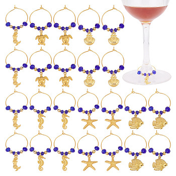 24Pcs 6 Styles Alloy Wine Glass Charms, with Brass Ring and Glass Beads, Golden, 45~50mm, 4pcs/style