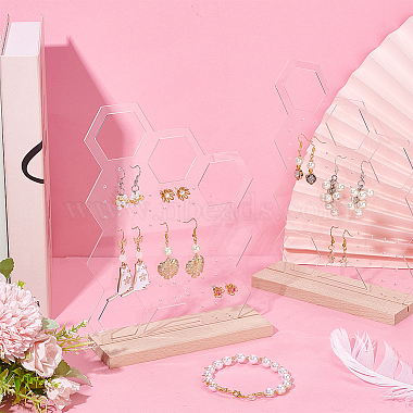 Transparent Acrylic Vertical Earring Display Stands with Wooden Base(EDIS-WH0021-48B)-3