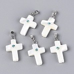 Natural Trochus Shell Pendants, Religion Cross Charms with Aquamarin Rhinestone and Iron Snap on Bails, Platinum, Seashell Color, 23~24x14.5~16.5x4~4.5mm, Hole: 6x2.5mm(SSHEL-T017-42A)