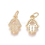 Brass Micro Pave Clear Cubic Zirconia Charms, with Jump Rings, Cadmium Free & Lead Free, Hamsa Hand/Hand of Fatima /Hand of Miriam, Golden, 13x9x2mm, Jump Ring: 5x0.7mm, Inner Diameter: 3.6mm(ZIRC-I036-08G)