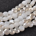 Electroplate Glass Bead Strands, Imitation Jade, Half Rainbow Plated, Flat Round, Faceted, White, 5~6x4mm, Hole: 1mm, about 72pcs/strand, 15 inch(EGLA-J137-6mm-B-HR07)