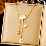 304 Stainless Steel Pave Clear Cubic Zirconia with Natural White Shell Cloud with Moon Star Tassel Pendant Necklaces for Women, Golden, 15.75 inch(40cm)(FS-WG2EBDD-01)