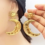 304 Stainless Steel Moon Dangle Stud Earrings, Left and Right, Ion Plating(IP), Real 18K Gold Plated, 70.5x43mm(EJEW-L279-01G)