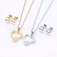 304 Stainless Steel Jewelry Sets, Stud Earrings and Pendant Necklaces, Heart with Word Love, For Valentine's Day, Mixed Color, Necklace: 17.7 inch(45cm), Stud Earrings: 9.5x9.5x1.2mm, Pin: 0.8mm(SJEW-O090-23)