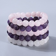 Natural Gemstone Beads Stretch Bracelets, with Natural White Jade, Frosted Natural Rose Quartz and Frosted Natural Amethyst, Packing Box, 2-1/8 inch(5.3cm), 5pcs/box(BJEW-JB04169)