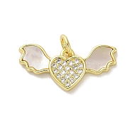 Brass Micro Pave Clear Cubic Zirconia Pendants, with Shell, Real 18K Gold Plated, Heart, 10x21x2.5mm, Hole: 3.5mm(KK-K365-13B-G)