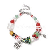 Snowman & Candy Cane Alloy Charm Bracelet, Christmas Tree & Snowman Lampwork & Natural Gemstone & Shell Beaded Bracelet for Women, Colorful, 7-1/2 inch(18.9cm)(BJEW-TA00265)