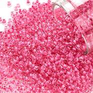 TOHO Round Seed Beads, Japanese Seed Beads, (1082) Inside Color Crystal/Hot Pink Lined, 11/0, 2.2mm, Hole: 0.8mm, about 1110pcs/bottle, 10g/bottle(SEED-JPTR11-1082)