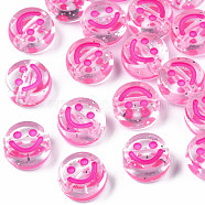 Transparent Acrylic Beads, Horizontal Hole, with Glitter Powder & Enamel, Flat Round with Smile Face, Hot Pink, 10x5mm, Hole: 2mm, about 1568pcs/490g(MACR-N008-55F)