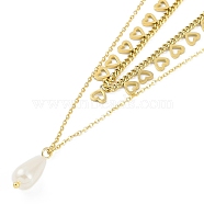 Ion Plating(IP) 304 Stainless Steel Double Layer Heart Necklaces, Plastic Pearl Teardrop Pendant Necklaces for Women, Golden, 18.50 inch(47cm)(NJEW-K276-26G)