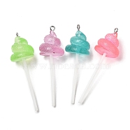 Luminous Transparent Resin Cartoon Big Pendants, with Platinum Tone Iron Loops and Plastic Bar, Poop Lollipop Charms, Mixed Color, Others, 60x18x17.5mm, Hole: 2mm(CRES-F024-02A)