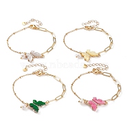 Brass Micro Pave Cubic Zirconia Butterfly Link Bracelets, with Resin, Natural Pearl Beads, Brass Paperclip Chains, 304 Stainless Steel Satellite Chains & Lobster Claw Clasps, Golden, Mixed Color, 7-1/2 inch(19cm)(BJEW-JB05834)