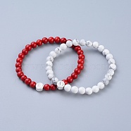 Feng Shui Natural Howlite & Synthetic Grass Coral Beaded Stretch Bracelets, with 925 Sterling Silver Beads and Jewelry Box, Flat Round with Yin Yang, 2-1/8 inch(55mm), 2pcs/set(BJEW-JB05022-04)