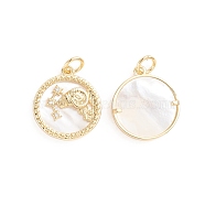 Brass Micro Pave Cubic Zirconia Pendants, with Natural Shell and Jump Ring, Flat Round with Twelve Constellations, Golden, Aries, 17.5x15x2.5mm, Hole: 3.5mm(ZIRC-E164-36F-G)