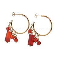 304 Stainless Steel Dangle Stud Earrings, Half Hoop Earrings, with Ear Nuts, Natural Carnelian/Red Agate Beads and Flower Alloy Spacer Beads, 33x30mm, Pin: 0.6mm(EJEW-JE04203-03)